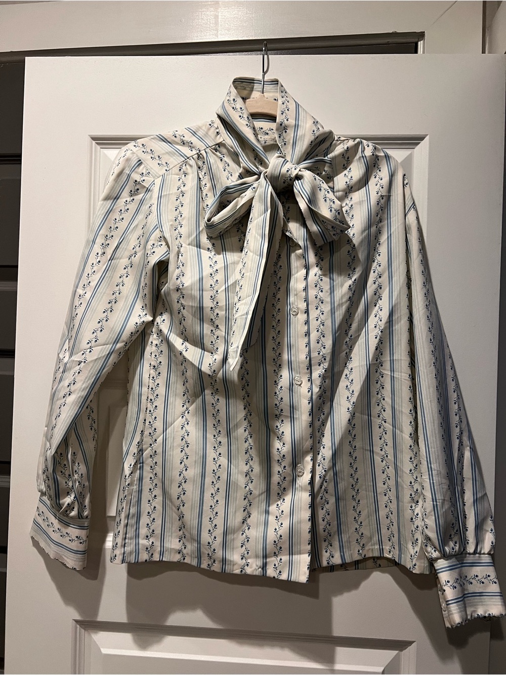 Ivory Striped Bow Neck Blouse with Blue Floral Stripes